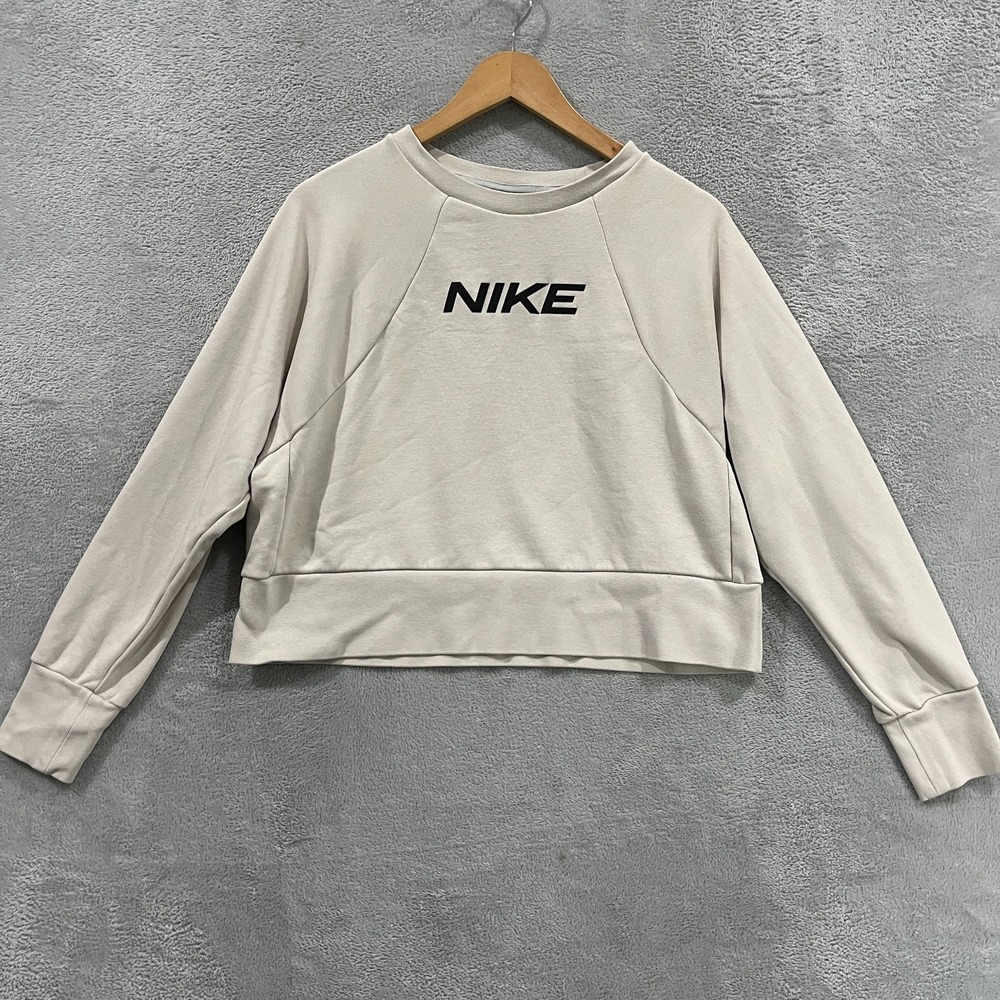 Nike Dri-FIT Cropped Sweatshirt Women M Beige Crew Neck Spellout Logo DB4624-072